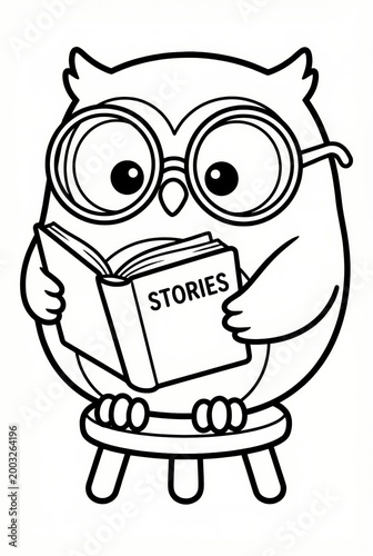 Cartoon owl reading a book titled 'Stories' while sitting on stool  