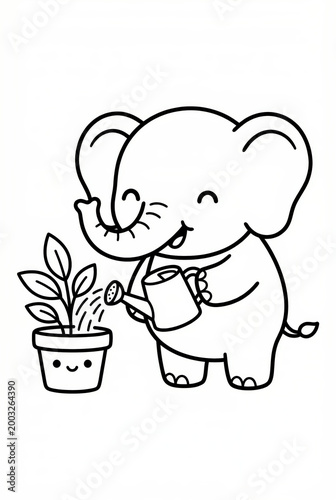 Cartoon elephant watering potted plant with a cheerful expression  