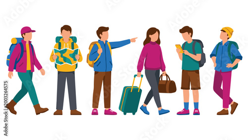 Diverse travelers with backpacks and suitcases exploring city and nature on vacation.