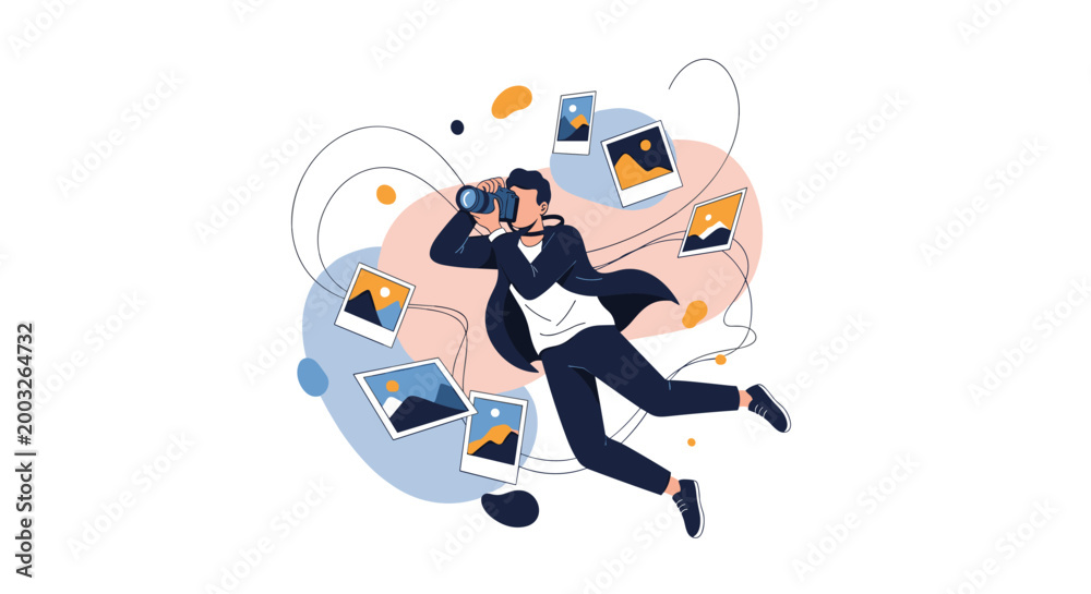 Fototapeta premium Professional photographer character floating through the air surrounded by various photographic snapshots and abstract shapes.