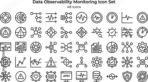 Data Observability Monitoring Icon Set Featuring Metrics, Alerts, Tracing, Performance Analysis and System Reliability Concepts