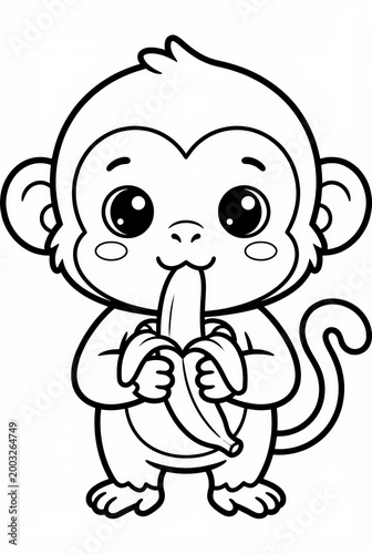 Cute cartoon monkey eating banana with cheerful expression  
