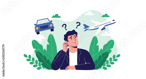 Confused man thinking about travel options between a car and a plane while surrounded by green tropical leaves and question marks.