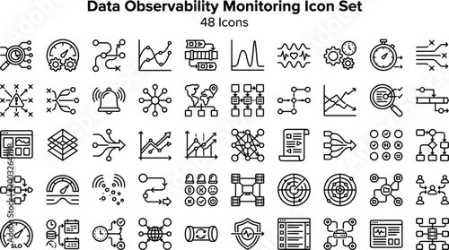 Data Observability Monitoring Icon Set Featuring Metrics Tracking, Logs Analysis, Alerts, Performance Dashboards and System Reliability Concepts