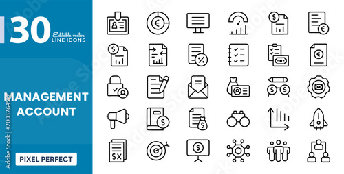 Management account line icon set. Financial audit, business, revenue, accounting, profit, and investment collection. Editable vector illustration stroke