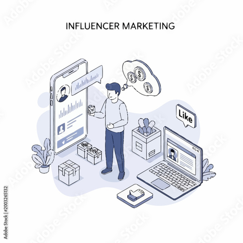 Fotografi Influencer marketing concept with person and devices.