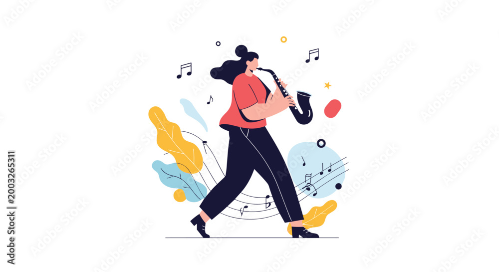 Fototapeta premium Talented female musician walking while playing a saxophone surrounded by floating musical notes and abstract artistic shapes.