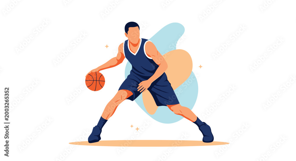 Obraz premium Dynamic vector illustration of a basketball player in a blue uniform dribbling a ball on a stylized court with geometric background shapes.