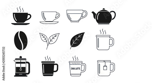 Coffee and tea icons beverages and elements