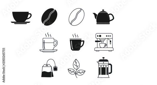 Coffee and tea icons beverages and equipment