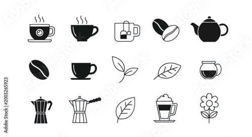 Coffee and tea icons beverages and symbols