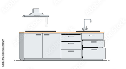 Modern kitchen interior featuring a grey cabinet set with drawers, a wooden countertop, a sink, and a sleek range hood.