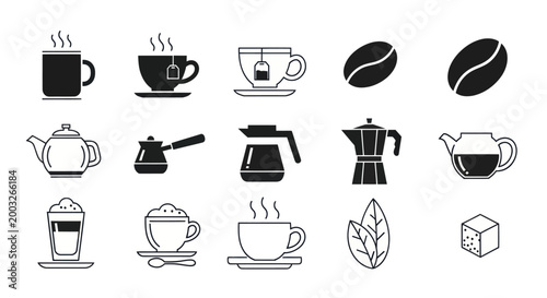 Coffee and tea icons black and white