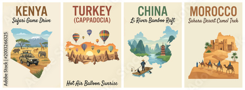 Majestic world map silhouette travel poster set. Including kenya safari, turkey cappadocia, china li river, and morocco sahara. Retro vector illustration.