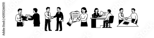 Business recruitment and hiring illustration set featuring job interviews, handshakes, and career offers in a clean black and white line art style for professional corporate concepts.