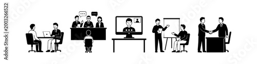Vector icon set illustrating stages of the recruitment process, including one-on-one interviews, panel reviews, remote video calls, presentations, and final hiring handshakes.