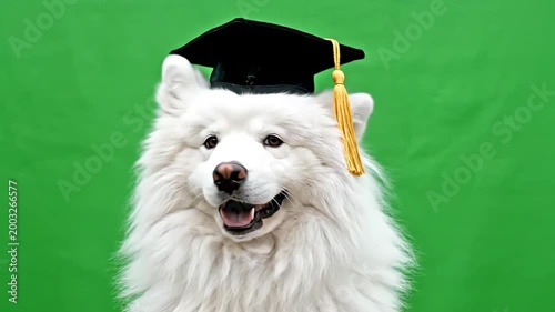Adorable white Samoyed dog wearing a graduation cap on a vibrant green background, celebrating achievement and intelligence.