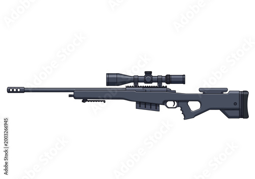 Modern Sniper Rifle with Scope on White Background.