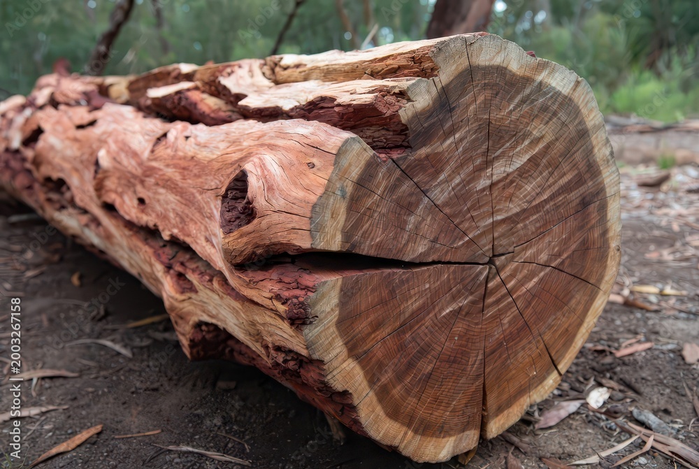 Fototapeta premium Close-up of a large, weathered, fallen tree trunk with intricate wood grain and rough texture