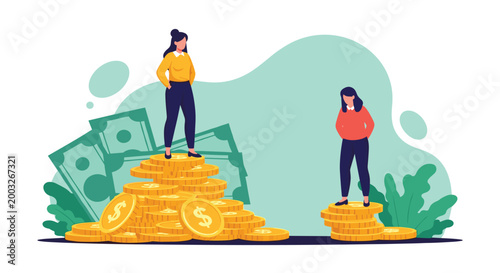 Illustration showing wealth inequality with one woman on a high stack of gold coins and another on a tiny one.