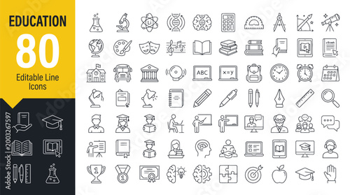 Set of 80 education outline icons featuring school, learning, teaching tools, and academic concepts.
