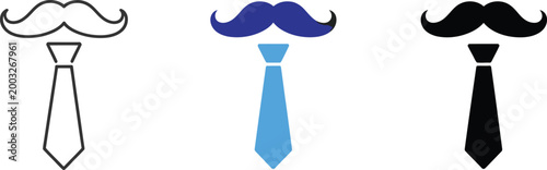 Mustache and Necktie Icon Set in Black and Blue Isolated on White Background