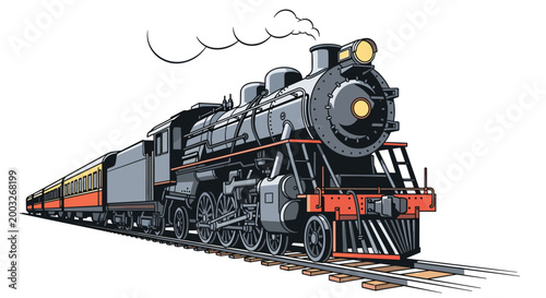 Powerful old fashioned steam locomotive pulling several passenger train cars along the railroad tracks on a clean white background.
