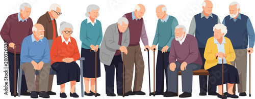 Large group of elderly men and women standing and sitting together as a community in a flat vector design representing retirement and aging with retirement community grandfather grandmother