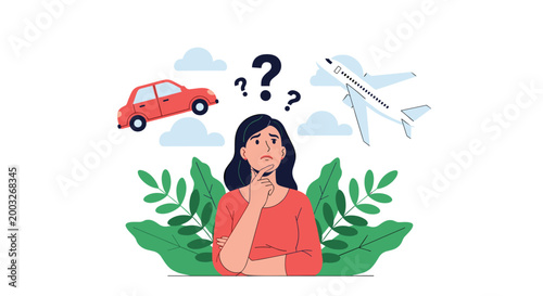 Thoughtful woman thinking about travel options with a car, plane and question marks floating around her head.