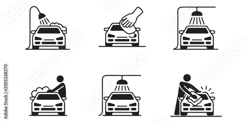 Set of 6 Car Wash and Auto Detailing Icons in Black and White
