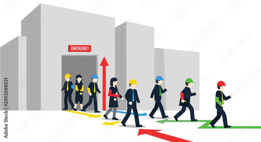 Fototapeta premium Flat design of an emergency evacuation scene, workers leaving a building, clean infographic style.