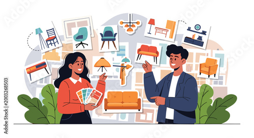 Two professional interior designers discussing and selecting furniture and color palettes from various reference photos.