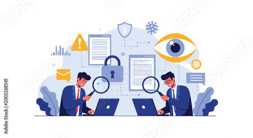 Two men on laptops examining data files under a giant watchful eye and a padlock for security and privacy.