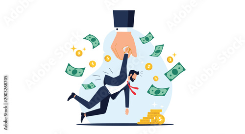 Large hand reaching down to catch a businessman falling through the air amidst floating banknotes and stacks of golden coins in the sky.