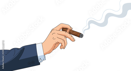 Hand of a professional man in a dark suit holding a lit cigar with a trail of smoke rising on a white background.