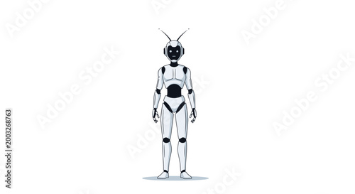 Full body view of a sleek white humanoid robot with a black core and antennas standing against a white background.