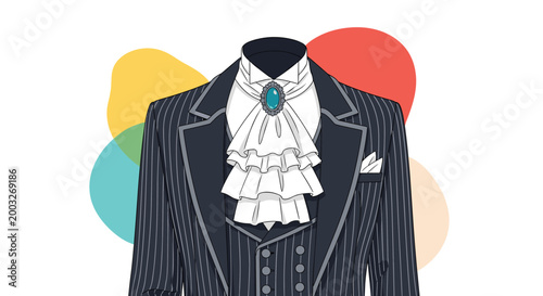 Formal vintage black pinstripe tuxedo jacket with a ruffled white cravat and a large blue gemstone brooch at the neck.