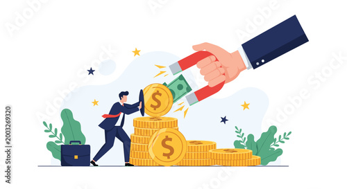 Business professional protects his stack of gold coins from a giant hand using a large magnet to attract and steal his hard-earned money and savings.