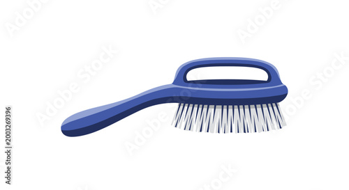 Blue plastic scrub brush with white bristles and a handle grip shown from a side perspective on a clean white background, ideal for cleaning tasks.
