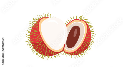 Ripe rambutan fruit shown whole and cut in half to reveal the translucent white flesh and brown seed, depicting this exotic tropical fruit accurately.