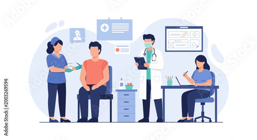 Medical professionals conducting patient examination and consultation.