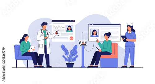 Medical professionals conducting virtual patient consultations.