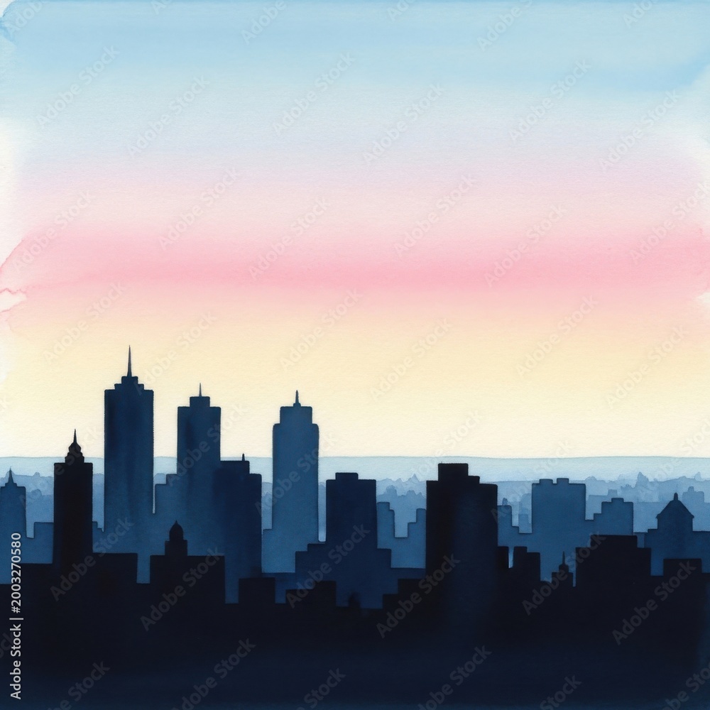 Fototapeta premium Watercolor city skyline silhouette at sunset with pastel gradient sky