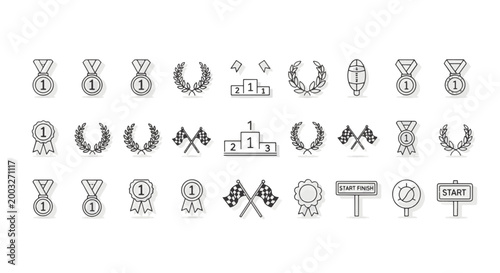 Running Race Victory Symbols Featuring Medals Podium Flags and Laurels