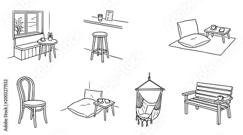 Charming line art illustrations of cozy café seating arrangements