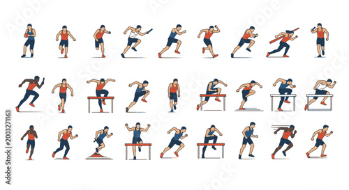 Set of Running Athletes in Various Poses with Hurdles and Batons