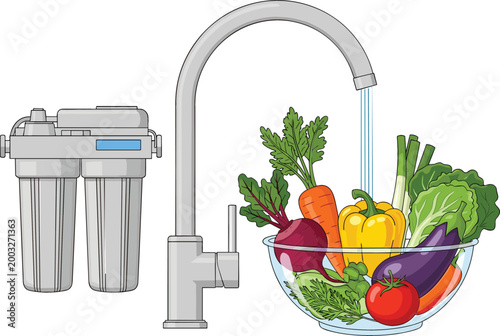 Kitchen water filtration system with tap faucet washing fresh organic vegetables like tomato pepper and eggplant in a glass bowl isolated on white background for healthy lifestyle design.