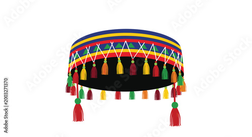 Colorful traditional hat with intricate patterns and hanging tassels of various colors isolated on a white background.