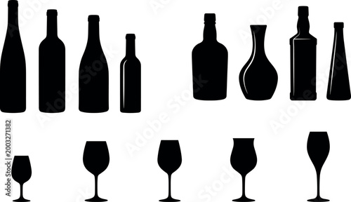 Large collection of alcohol bottle and glassware vector silhouettes for bar menu and restaurant beverage list designLarge collection of alcohol bottle and glassware vector