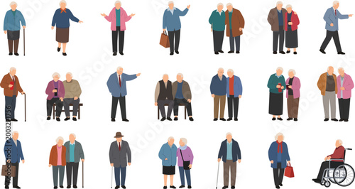 Elderly people vector character set with senior couples walking and sitting in flat illustration style illustration characters retirement grandparents individuals wheelchair lifestyle clothing